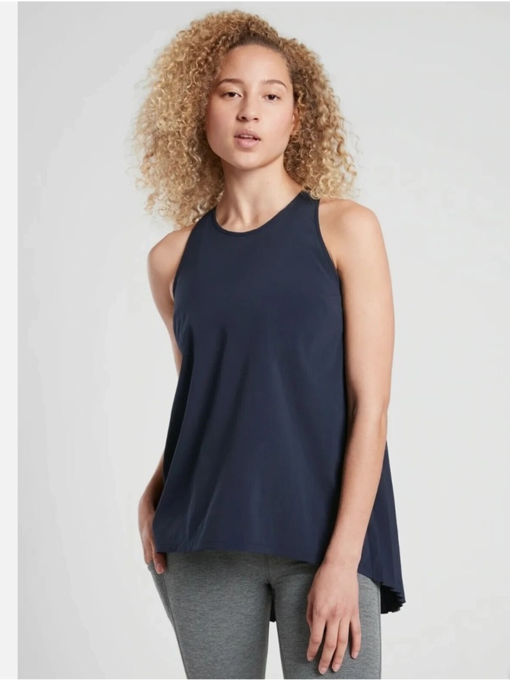Athleta High-Neck Navy Blue Pleated Sojorne  Top NWT 
Sz Small